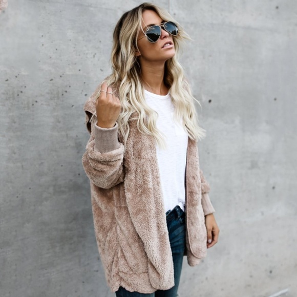 Jackets & Blazers - Fuzzy hooded open front jacket
